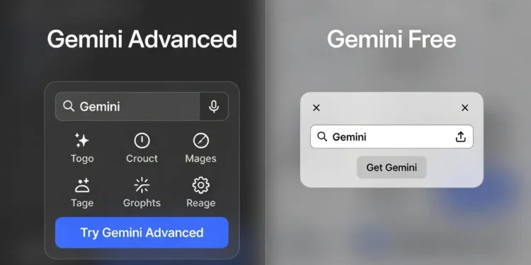 Ilustrasi perbandingan dua versi Gemini yaitu Advanced dan Free dengan tabel fitur dan perbedaan kemampuan masing-masing secara visual