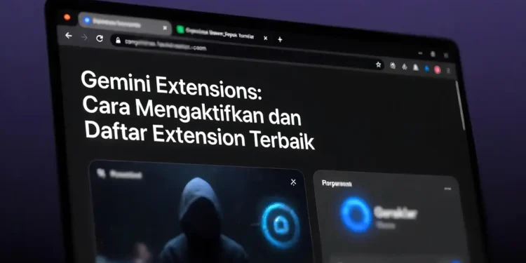 Ilustrasi cara mengaktifkan Gemini Extensions dengan tampilan antarmuka Google Gemini dan ikon berbagai extension terbaik yang tersedia