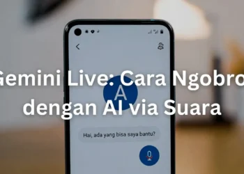 Ilustrasi fitur Gemini Live dengan tampilan gelombang suara dan antarmuka percakapan real-time antara pengguna dan AI Google secara langsung