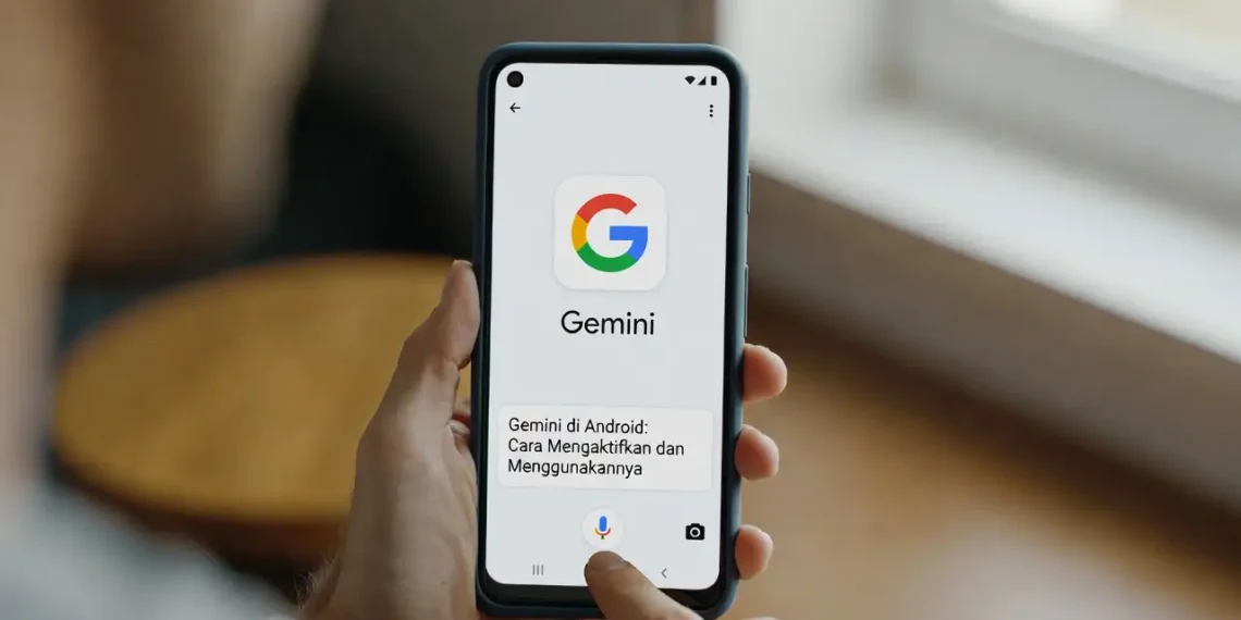 Ilustrasi tampilan Gemini AI di layar smartphone Android dengan antarmuka asisten AI yang aktif dan siap membantu berbagai aktivitas pengguna