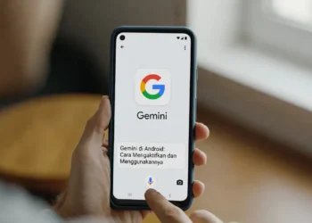 Ilustrasi tampilan Gemini AI di layar smartphone Android dengan antarmuka asisten AI yang aktif dan siap membantu berbagai aktivitas pengguna