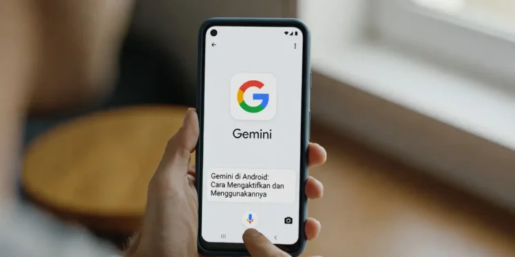 Ilustrasi tampilan Gemini AI di layar smartphone Android dengan antarmuka asisten AI yang aktif dan siap membantu berbagai aktivitas pengguna