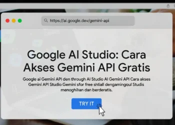 Ilustrasi tampilan dashboard Google AI Studio dengan kode API dan antarmuka developer untuk mengakses Gemini API secara gratis