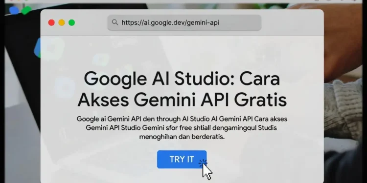 Ilustrasi tampilan dashboard Google AI Studio dengan kode API dan antarmuka developer untuk mengakses Gemini API secara gratis