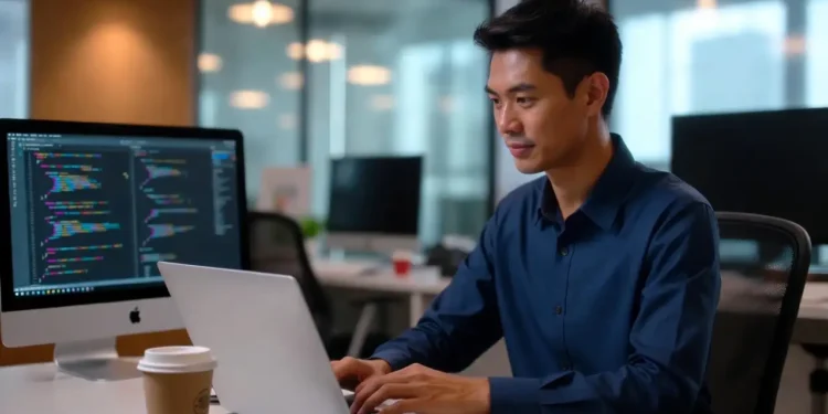 Ilustrasi perbandingan kemampuan coding Claude AI dengan AI lain, menampilkan grafik akurasi kode dan tampilan editor dengan hasil analisis teknis