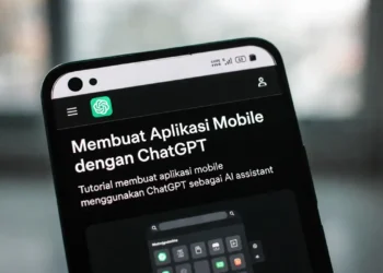 Ilustrasi proses pembuatan aplikasi mobile dengan bantuan ChatGPT, menampilkan mockup aplikasi di smartphone dan kode yang dihasilkan AI untuk platform Android dan iOS