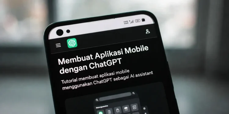 Ilustrasi proses pembuatan aplikasi mobile dengan bantuan ChatGPT, menampilkan mockup aplikasi di smartphone dan kode yang dihasilkan AI untuk platform Android dan iOS