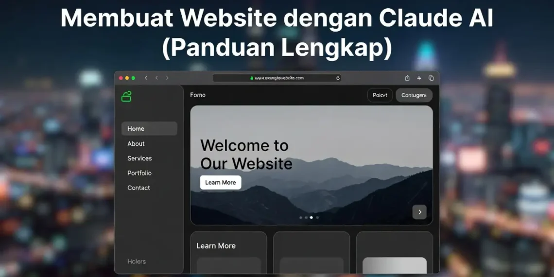 Ilustrasi proses pembuatan website menggunakan Claude AI dengan tampilan kode HTML CSS yang dihasilkan AI dan preview tampilan website yang sudah jadi