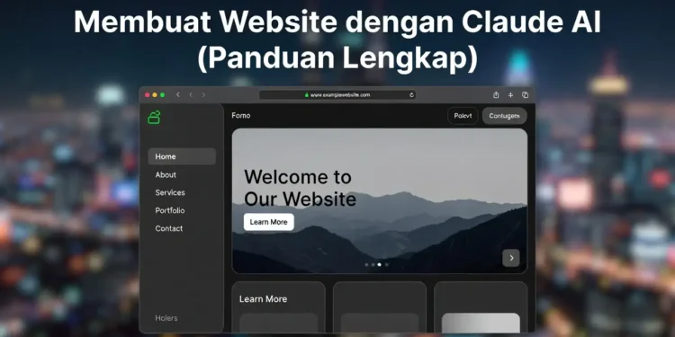 Ilustrasi proses pembuatan website menggunakan Claude AI dengan tampilan kode HTML CSS yang dihasilkan AI dan preview tampilan website yang sudah jadi