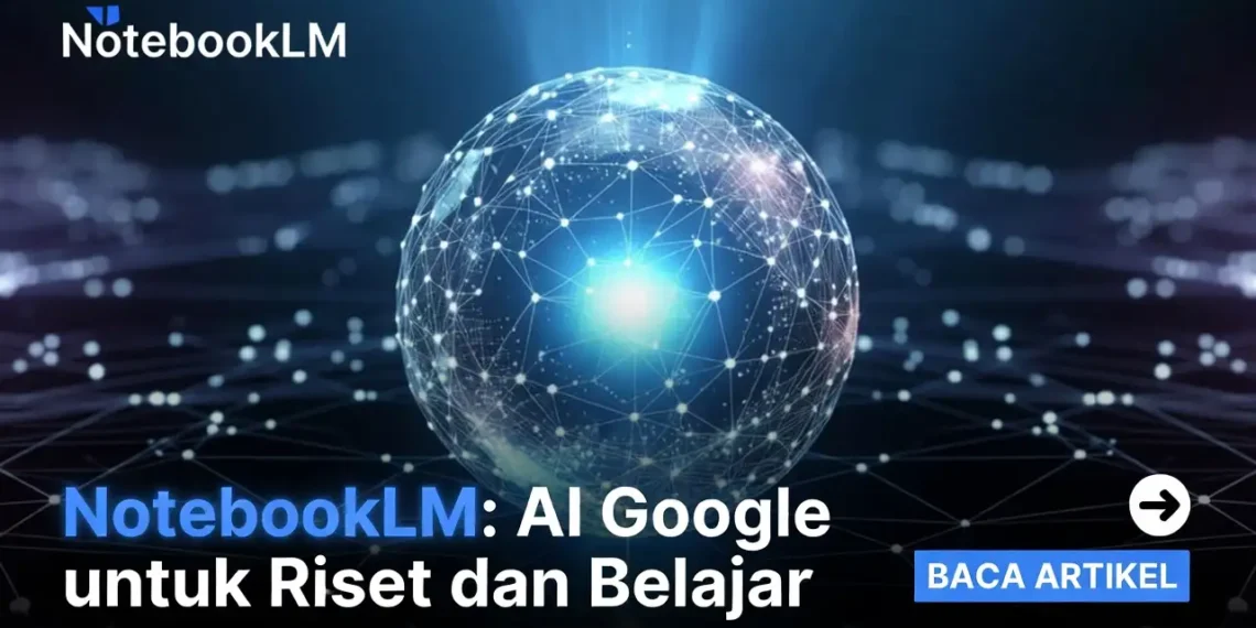 Ilustrasi tampilan antarmuka NotebookLM dengan dokumen yang sedang dianalisis AI Google dan fitur tanya jawab interaktif berbasis konten