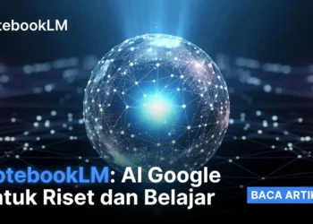 Ilustrasi tampilan antarmuka NotebookLM dengan dokumen yang sedang dianalisis AI Google dan fitur tanya jawab interaktif berbasis konten