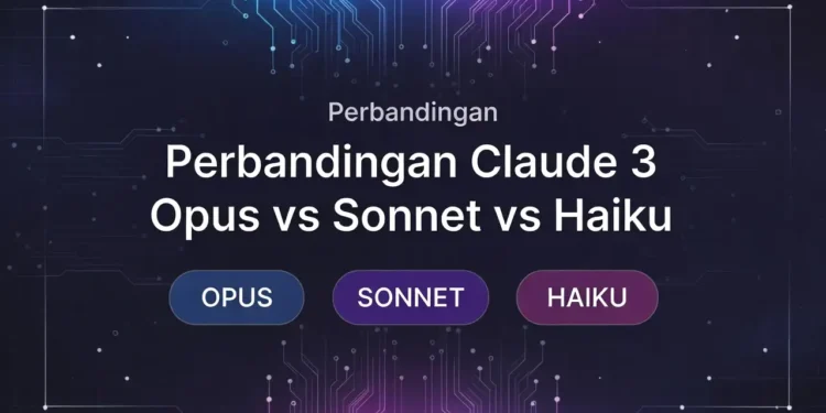 Ilustrasi perbandingan tiga model Claude 3 yaitu Opus, Sonnet, dan Haiku dengan diagram kemampuan, kecepatan, dan harga masing-masing model secara visual