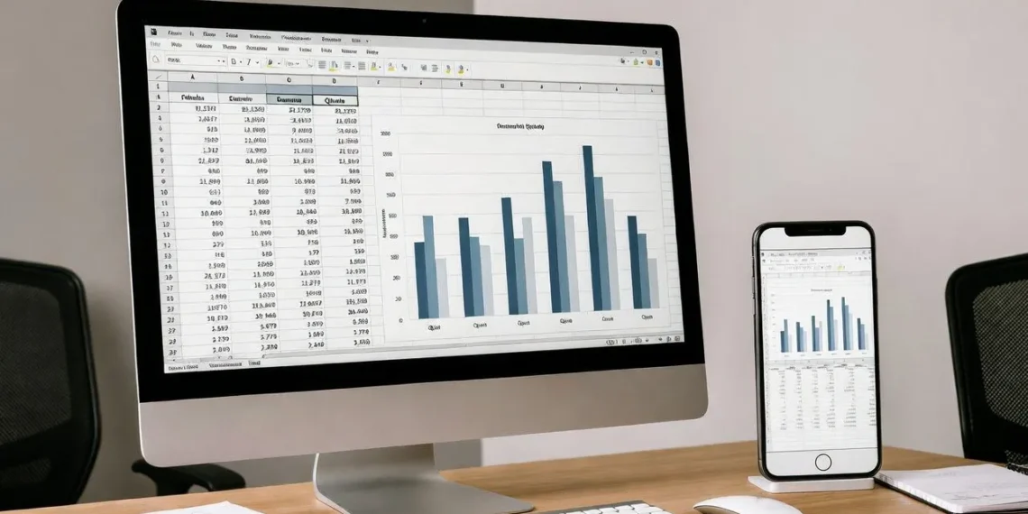 Ilustrasi analisis data menggunakan Gemini AI dengan tampilan spreadsheet, grafik, dan antarmuka AI yang mengolah angka secara otomatis