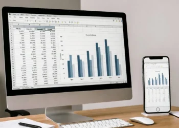 Ilustrasi analisis data menggunakan Gemini AI dengan tampilan spreadsheet, grafik, dan antarmuka AI yang mengolah angka secara otomatis