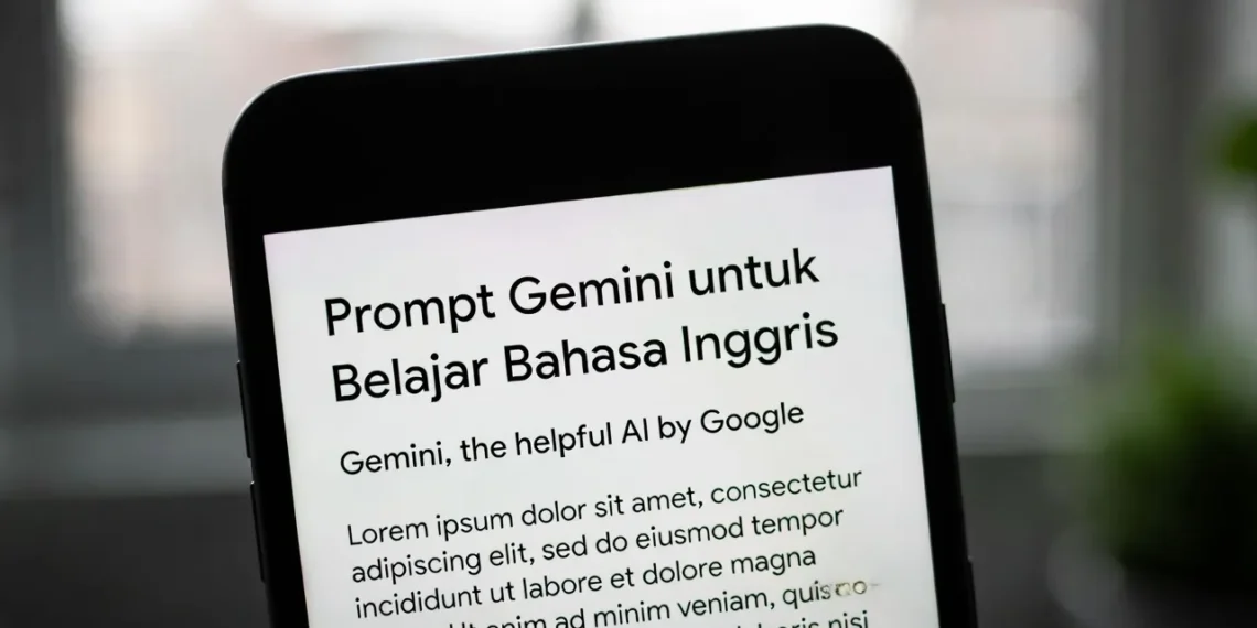 Ilustrasi proses belajar bahasa Inggris dengan Gemini AI, menampilkan latihan percakapan, koreksi grammar, dan tampilan antarmuka pembelajaran interaktif
