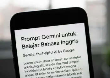 Ilustrasi proses belajar bahasa Inggris dengan Gemini AI, menampilkan latihan percakapan, koreksi grammar, dan tampilan antarmuka pembelajaran interaktif