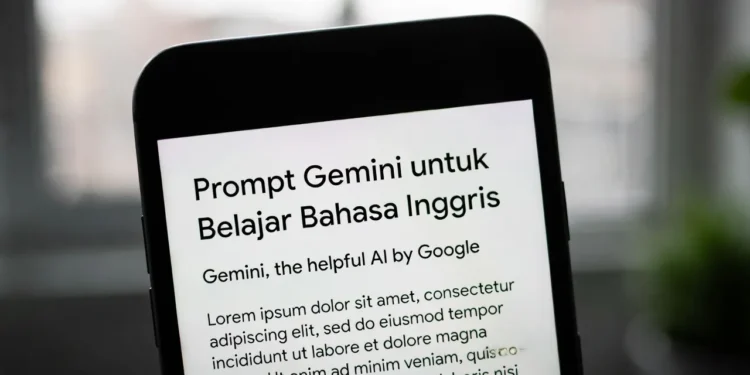 Ilustrasi proses belajar bahasa Inggris dengan Gemini AI, menampilkan latihan percakapan, koreksi grammar, dan tampilan antarmuka pembelajaran interaktif