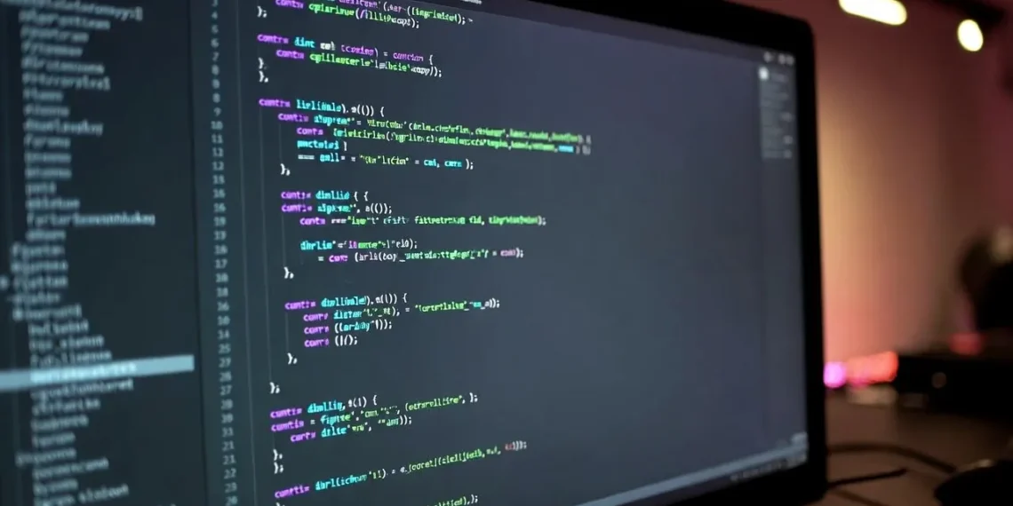 Ilustrasi developer yang menggunakan Gemini AI untuk coding dengan tampilan editor kode, terminal, dan antarmuka AI yang membantu menulis dan debug program