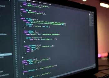 Ilustrasi developer yang menggunakan Gemini AI untuk coding dengan tampilan editor kode, terminal, dan antarmuka AI yang membantu menulis dan debug program