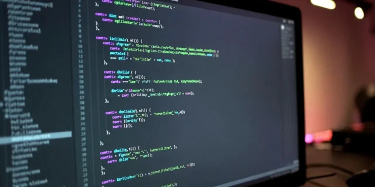 Ilustrasi developer yang menggunakan Gemini AI untuk coding dengan tampilan editor kode, terminal, dan antarmuka AI yang membantu menulis dan debug program