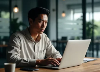 Ilustrasi content creator yang menggunakan Gemini AI untuk membuat konten, dengan tampilan skrip video, ide konten, dan antarmuka AI di layar