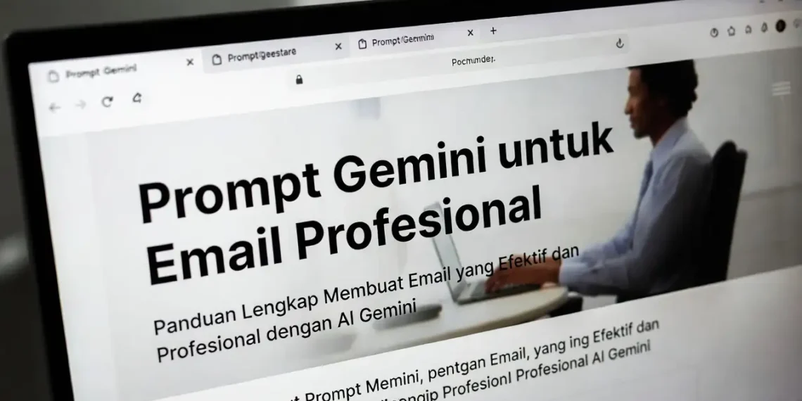 Ilustrasi penulisan email profesional dengan bantuan AI, menampilkan antarmuka email yang rapi dengan saran AI di sampingnya untuk menghasilkan kalimat yang tepat
