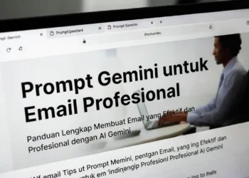 Ilustrasi penulisan email profesional dengan bantuan AI, menampilkan antarmuka email yang rapi dengan saran AI di sampingnya untuk menghasilkan kalimat yang tepat