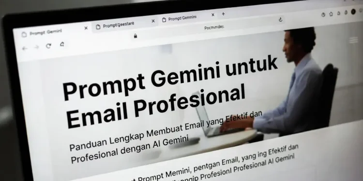 Ilustrasi penulisan email profesional dengan bantuan AI, menampilkan antarmuka email yang rapi dengan saran AI di sampingnya untuk menghasilkan kalimat yang tepat