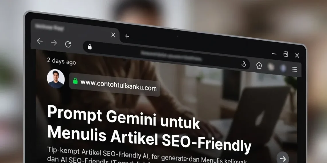 Ilustrasi proses penulisan artikel SEO menggunakan Gemini AI dengan tampilan grafik peringkat pencarian dan struktur artikel yang teroptimasi