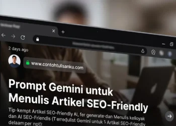 Ilustrasi proses penulisan artikel SEO menggunakan Gemini AI dengan tampilan grafik peringkat pencarian dan struktur artikel yang teroptimasi