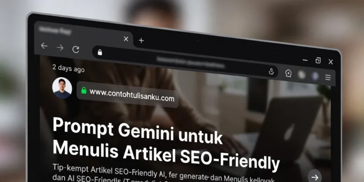 Ilustrasi proses penulisan artikel SEO menggunakan Gemini AI dengan tampilan grafik peringkat pencarian dan struktur artikel yang teroptimasi