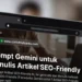Ilustrasi proses penulisan artikel SEO menggunakan Gemini AI dengan tampilan grafik peringkat pencarian dan struktur artikel yang teroptimasi