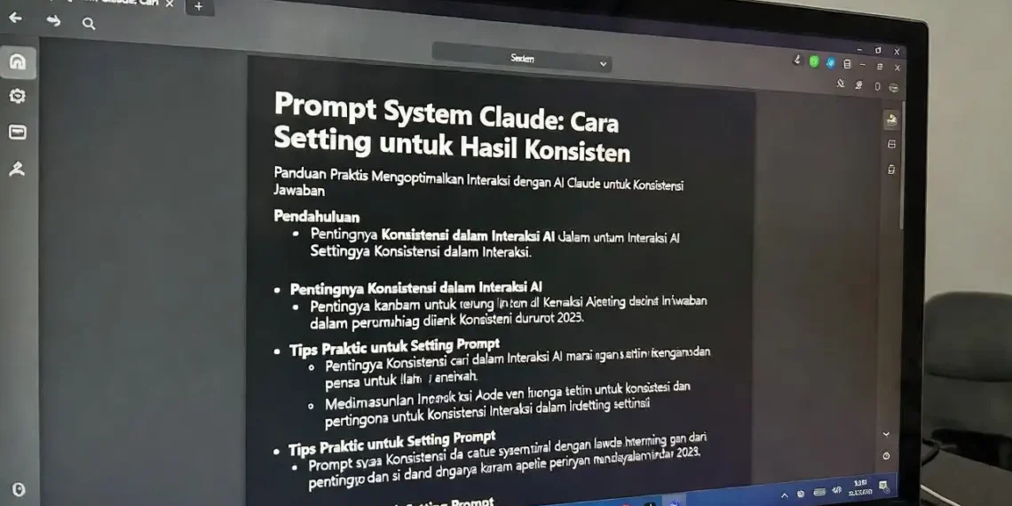 Ilustrasi pengaturan system prompt Claude dengan tampilan panel konfigurasi AI dan contoh output yang konsisten dari berbagai sesi percakapan berbeda