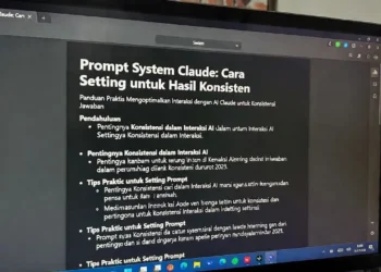Ilustrasi pengaturan system prompt Claude dengan tampilan panel konfigurasi AI dan contoh output yang konsisten dari berbagai sesi percakapan berbeda