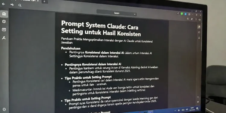 Ilustrasi pengaturan system prompt Claude dengan tampilan panel konfigurasi AI dan contoh output yang konsisten dari berbagai sesi percakapan berbeda
